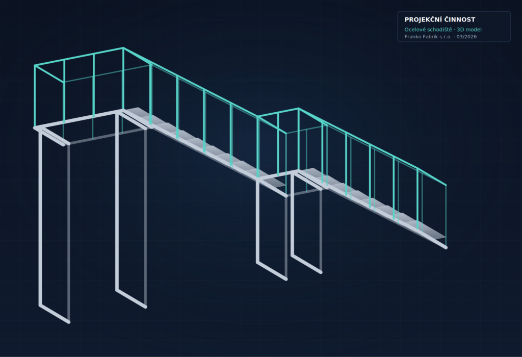Izometrický 3D pohled na ocelové schodiště s horní podestou – Franko Fabrik